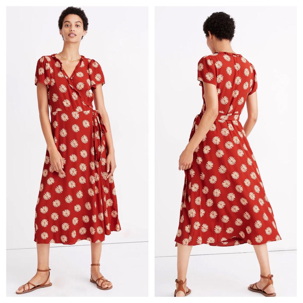 Madewell Ruffle-Edge Wrap Midi Dress Size XS Daisy Daydream Red Floral Boho
